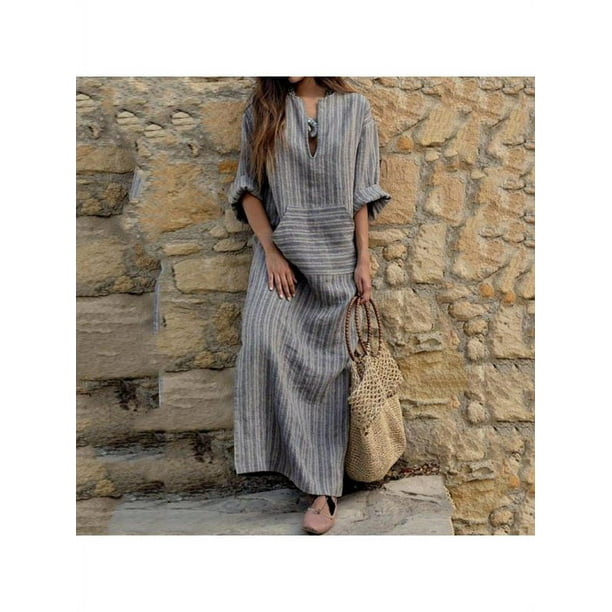 Bohemia Womens Kaftan Pinstriped Long Sleeve Striped Plus Long Maxi Dress S-5XL Bohemia Womens Kaftan Pinstriped Long Sleeve Striped Plus Long Maxi Dress S-5XL